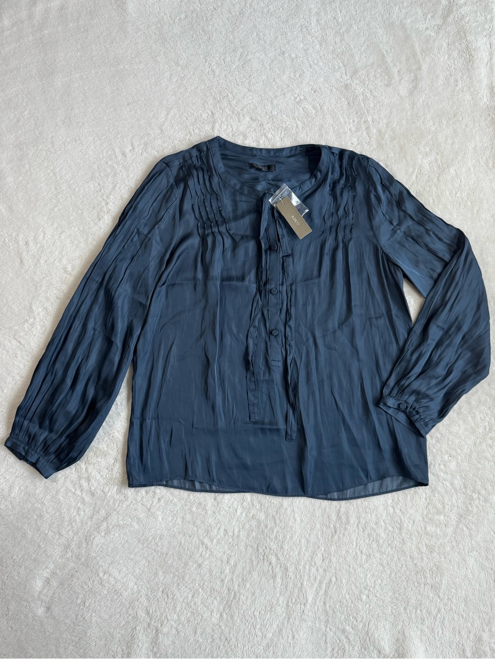 J.Crew Navy Blue Pleated Crinkle Henley Blouse NWT Small